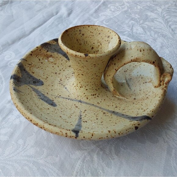 Vintage studio pottery candle holder with handle speckled glaze with blue motif - Picture 1 of 7